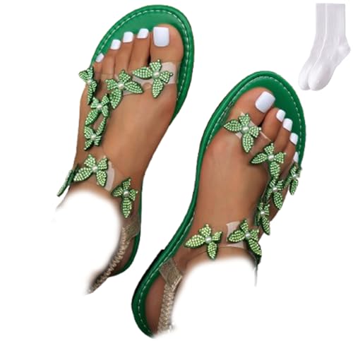 GAGFDA Damen Elegante Strass Schmetterling Flache Sandalen Sparkly Schuhe Frauen Sommer Bequeme Offene Zehen Strand Sandalen für Hochzeit Party, grün, 38.5 EU von GAGFDA
