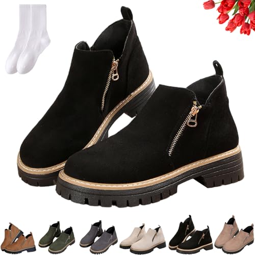 GAGFDA Damen Herbst Vintage Faux Wildleder Chunky Heel Stiefeletten mit seitlichem Reißverschluss, Damen Casual Round Toe Elegant Rutschfest Niedriger Keilabsatz Walking Boots, Schwarz , 41 EU von GAGFDA