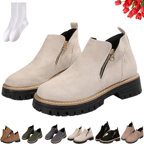 GAGFDA Damen Herbst Vintage Faux Wildleder Chunky Heel Stiefeletten mit seitlichem Reißverschluss, Damen Casual Round Toe Elegant Rutschfest Niedriger Keilabsatz Walking Boots, beige, 37.5 EU von GAGFDA