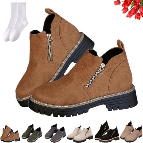 GAGFDA Damen Herbst Vintage Faux Wildleder Chunky Heel Stiefeletten mit seitlichem Reißverschluss, Damen Casual Round Toe Elegant Rutschfest Niedriger Keilabsatz Walking Boots, braun, 38 EU von GAGFDA