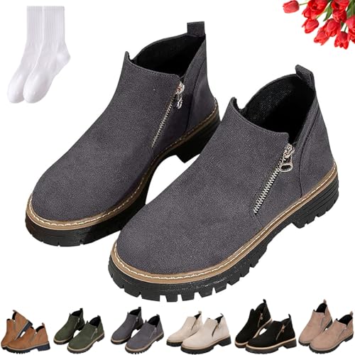 GAGFDA Damen Herbst Vintage Faux Wildleder Chunky Heel Stiefeletten mit seitlichem Reißverschluss, Damen Casual Round Toe Elegant Rutschfest Niedriger Keilabsatz Walking Boots, grau, 37.5 EU von GAGFDA