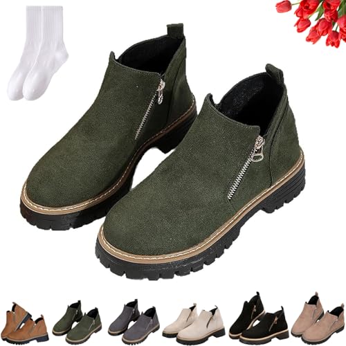 GAGFDA Damen Herbst Vintage Faux Wildleder Chunky Heel Stiefeletten mit seitlichem Reißverschluss, Damen Casual Round Toe Elegant Rutschfest Niedriger Keilabsatz Walking Boots, grün, 39 EU von GAGFDA