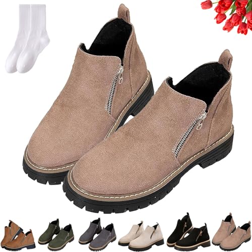 GAGFDA Damen Herbst Vintage Faux Wildleder Chunky Heel Stiefeletten mit seitlichem Reißverschluss, Damen Casual Round Toe Elegant Rutschfest Niedriger Keilabsatz Walking Boots, khaki, 41 EU von GAGFDA