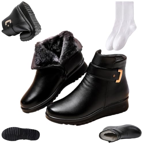 GAGFDA Damen Metallschnalle Echtes Leder Wolle Orthopädische Stiefel Wasserdichte Schneestiefel Frauen Rutschfeste Leder Stiefeletten mit seitlichem Reißverschluss, Pelz Gefüttert Stiefeletten Damen, von GAGFDA