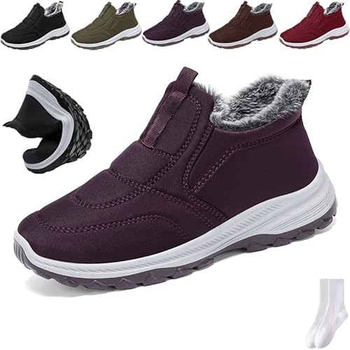 GAGFDA Damen Stiefeletten Warm Fleece Gefüttert Anti-Rutsch Winter Orthopädische Stiefeletten Damen Outdoor Leicht Bequem Schlupfstiefel Pelz Gefüttert Walking Schneestiefel, dunkelviolett, 0 UK von GAGFDA