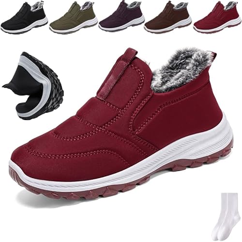 GAGFDA Damen Stiefeletten Warm Fleece Gefüttert Anti-Rutsch Winter Orthopädische Stiefeletten Damen Outdoor Leicht Bequem Schlupfstiefel Pelz Gefüttert Walking Schneestiefel, rot, 0 UK von GAGFDA