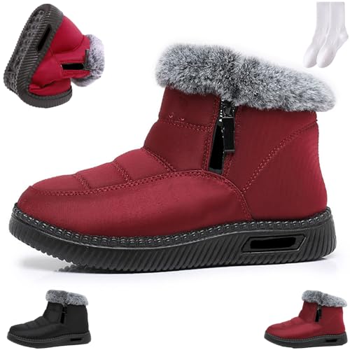 GAGFDA Damen Wasserdicht Rutschfest Warm Knöchel Schneestiefel Damen Winter Leicht Outdoor Rutschfest Seitlicher Reißverschluss Bequem Pelz Gefüttert Wanderstiefel, rot, 0 UK von GAGFDA