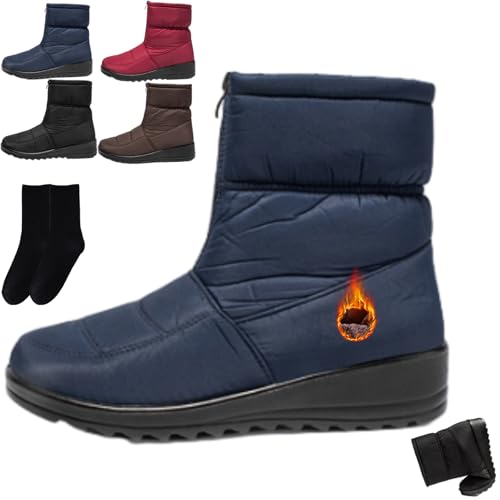 GAGFDA Damen Wasserdicht Vorne Reißverschluss Warme Schneestiefel Damen Winter Outdoor Leichte Rutschfeste Pelz Gefüttert Stiefeletten Bequeme Anti-Rutsch Wanderschuhe, blau, 0 UK von GAGFDA