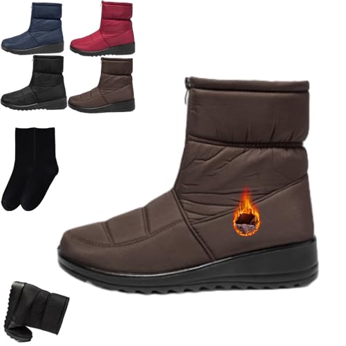 GAGFDA Damen Wasserdicht Vorne Reißverschluss Warme Schneestiefel Damen Winter Outdoor Leichte Rutschfeste Pelz Gefüttert Stiefeletten Bequeme Anti-Rutsch Wanderschuhe, braun, 0 UK von GAGFDA
