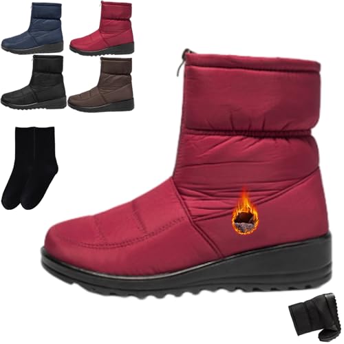GAGFDA Damen Wasserdicht Vorne Reißverschluss Warme Schneestiefel Damen Winter Outdoor Leichte Rutschfeste Pelz Gefüttert Stiefeletten Bequeme Anti-Rutsch Wanderschuhe, rot, 0 UK von GAGFDA