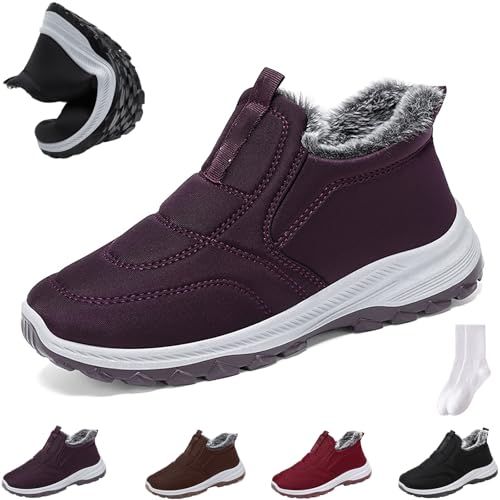 GAGFDA Damen Winter Outdoor Stiefeletten Frauen Thermo Schneestiefel Damen Bequem Rutschfest Warm Fell Gefüttert Slip On Walking Schuhe, dunkelviolett, 0 UK von GAGFDA