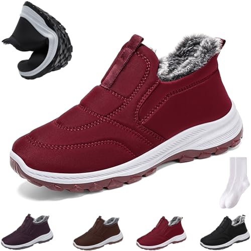 GAGFDA Damen Winter Outdoor Stiefeletten Frauen Thermo Schneestiefel Damen Bequem Rutschfest Warm Fell Gefüttert Slip On Walking Schuhe, rot, 0 UK von GAGFDA