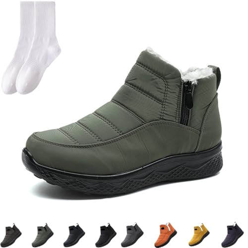 GAGFDA Damen Winter Warm Slip On Orthopädischer Reißverschluss Stiefeletten Damen Outdoor Wasserdicht Fell Gefüttert Bequem Rutschfest Walking Schneestiefel mit seitlichem Reißverschluss, dunkelgrün von GAGFDA