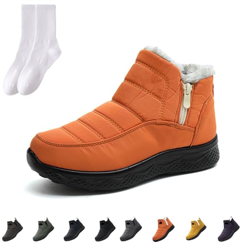 GAGFDA Damen Winter Warm Slip On Orthopädischer Reißverschluss Stiefeletten Damen Outdoor Wasserdicht Fell Gefüttert Bequem Rutschfest Walking Schneestiefel mit seitlichem Reißverschluss, Orange, 0 UK von GAGFDA