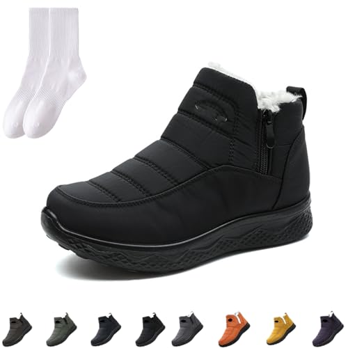 GAGFDA Damen Winter Warm Slip On Orthopädischer Reißverschluss Stiefeletten Damen Outdoor Wasserdicht Fell Gefüttert Bequem Rutschfest Walking Schneestiefel mit seitlichem Reißverschluss, Schwarz , 0 von GAGFDA
