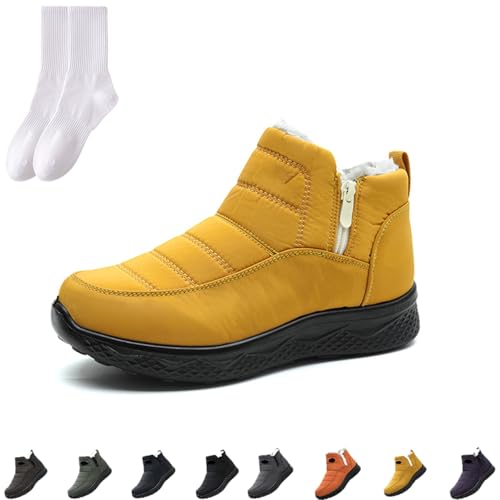 GAGFDA Damen Winter Warm Slip On Orthopädischer Reißverschluss Stiefeletten Damen Outdoor Wasserdicht Fell Gefüttert Bequem Rutschfest Walking Schneestiefel mit seitlichem Reißverschluss, gelb, 0 UK von GAGFDA