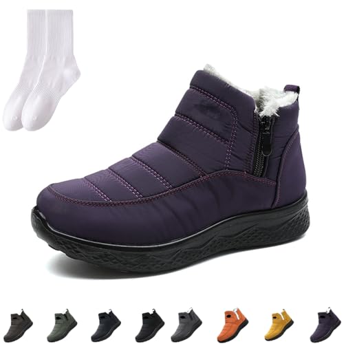GAGFDA Damen Winter Warm Slip On Orthopädischer Reißverschluss Stiefeletten Damen Outdoor Wasserdicht Fell Gefüttert Bequem Rutschfest Walking Schneestiefel mit seitlichem Reißverschluss von GAGFDA