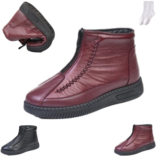GAGFDA Damen Winter Wasserdicht Reißverschluss Orthopädische Leder Stiefeletten Pelz Gefüttert Schneestiefel Frauen Outdoor rutschfest Bequem Warm Front Reißverschluss Flache Wanderschuhe, rot, 0 UK von GAGFDA