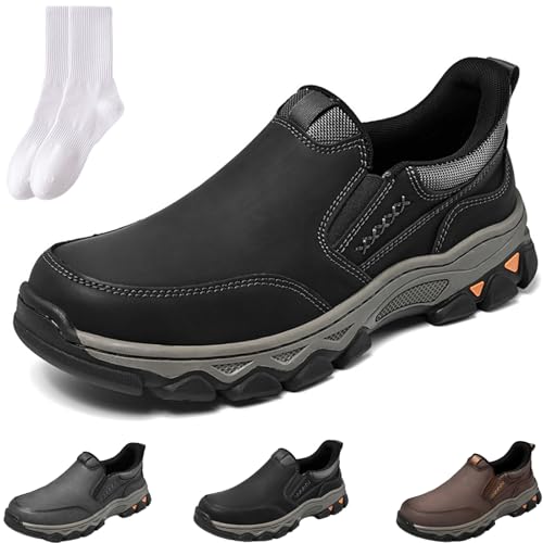 GAGFDA Herren Echtes Leder Outdoor Orthopädische Loafer Wanderschuhe Männer Leichte rutschfeste Fußgewölbeunterstützung Walkingschuhe Casual Handgemachte Bequeme Schlupfschuhe, Schwarz , 0 UK von GAGFDA