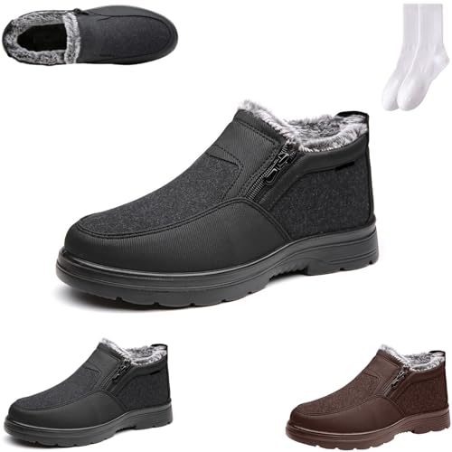 GAGFDA Herren Winter Warm Fleece Gefüttert Slip-On Wanderschuhe mit seitlichem Reißverschluss, Leichte rutschfeste Pelz Gefütterte Stiefeletten Herren Bequeme Thermo-Schneestiefel, Schwarz , 0 UK von GAGFDA