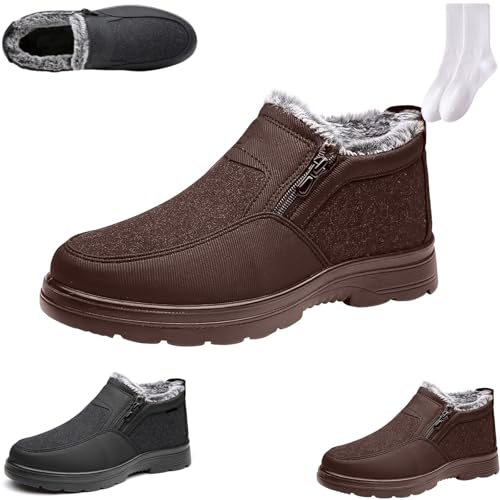 GAGFDA Herren Winter Warm Fleece Gefüttert Slip-On Wanderschuhe mit seitlichem Reißverschluss, Leichte rutschfeste Pelz Gefütterte Stiefeletten Herren Bequeme Thermo-Schneestiefel, braun, 0 UK von GAGFDA