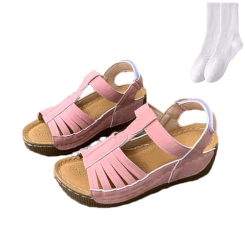 GAGFDA Orthopädische Sandalen für Damen, ultra-bequem, abgeschrägter Absatz, Sommer, Vintage-PU-Leder, offene Zehenpartie, atmungsaktiv, verstellbar, leicht, Plateau-Keilsandalen, rose, 0 UK von GAGFDA
