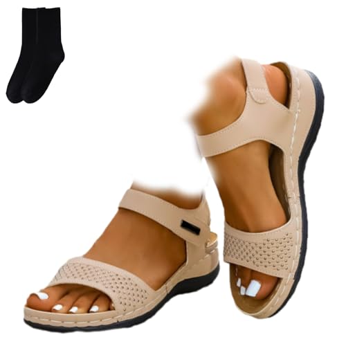 GAGFDA Römische Strass-Sandalen für Damen, Sommer, offener Zehenbereich, verstellbarer Knöchelriemen, funkelnd, leicht, niedriger Keilabsatz, Wandersandalen, bequeme Glitzer-Strandschuhe, aprikose, 0 von GAGFDA