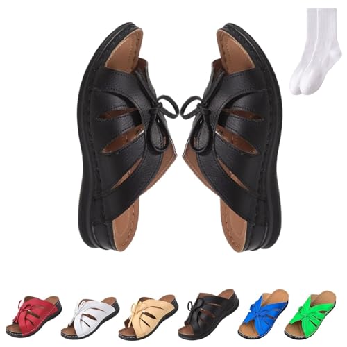 GAGFDA Vintage Premium Orthopädische Offene Zehen Sommer Wedges Plateau Sandalen 2024 Bequeme Niedrige Keilsandalen für Frauen Arch Support Sandalen Damen, Schwarz , 36 EU von GAGFDA