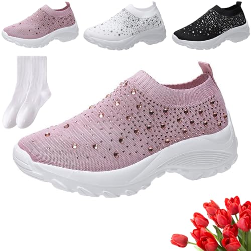 Glitzernde Strass-Mesh-Turnschuhe für Damen, atmungsaktiv, glitzernd, Plateau, Keilabsatz, Schlupfschuhe, lässige Loafer, bequeme orthopädische Sneaker, rose, 0 UK von GAGFDA