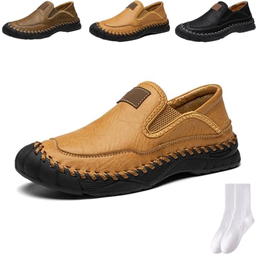 Herren Handgefertigte Echtleder Orthopädische Outdoor Loafers, Fahrschuhe Männer Mode Bequeme Slip-on Mokassins Rutschfeste Flats Walking Schuhe, khaki, 0 UK von GAGFDA