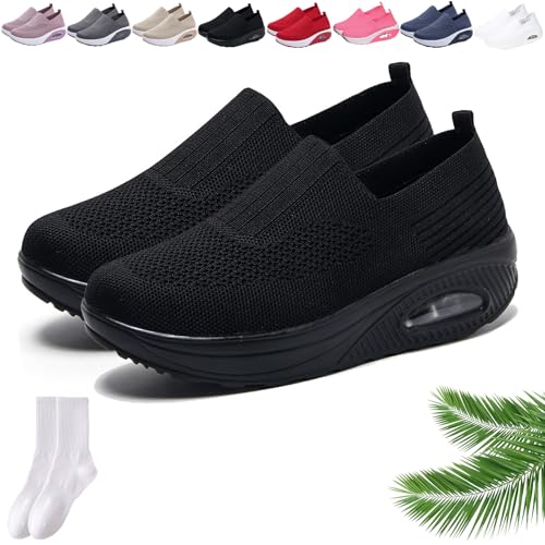 Orthopädische Damen-Sneaker mit Rocker-Unterseite, Netzstoff, atmungsaktiv, Plateau, Slip-On-Sneaker, lässig, leicht, bequem, Wanderschuhe mit Fußgewölbeunterstützung, Schwarz , 0 UK Orthopädische Damen-Sneaker mit Rocker-Unterseite, Netzstoff, atmungsaktiv, Plateau, Slip-On-Sneaker, lässig, leicht, bequem, Wanderschuhe mit Fußgewölbeunterstützung, Schwarz , 0 UK von GAGFDA