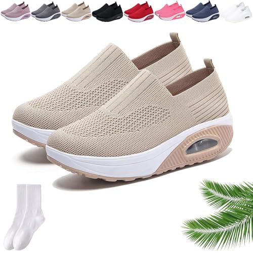 Orthopädische Damen-Sneaker mit Rocker-Unterseite, Netzstoff, atmungsaktiv, Plateau, Slip-On-Sneaker, lässig, leicht, bequem, Wanderschuhe mit Fußgewölbeunterstützung, khaki, 0 UK von GAGFDA