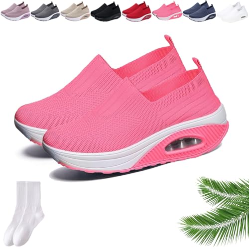 Orthopädische Damen-Sneaker mit Rocker-Unterseite, Netzstoff, atmungsaktiv, Plateau, Slip-On-Sneaker, lässig, leicht, bequem, Wanderschuhe mit Fußgewölbeunterstützung, rosarot, 0 UK von GAGFDA