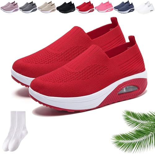 Orthopädische Damen-Sneaker mit Rocker-Unterseite, Netzstoff, atmungsaktiv, Plateau, Slip-On-Sneaker, lässig, leicht, bequem, Wanderschuhe mit Fußgewölbeunterstützung, rot, 0 UK Orthopädische Damen-Sneaker mit Rocker-Unterseite, Netzstoff, atmungsaktiv, Plateau, Slip-On-Sneaker, lässig, leicht, bequem, Wanderschuhe mit Fußgewölbeunterstützung, rot, 0 UK von GAGFDA