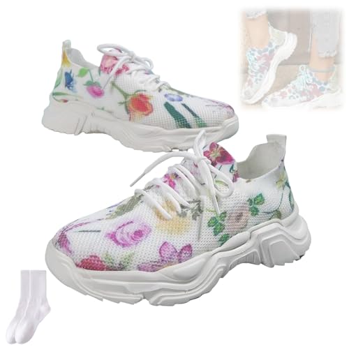 Orthopädische Sneaker mit Blumendruck, Schnürung, atmungsaktiv, orthopädische Sneaker, Netzstoff, rutschfeste dicke Sohle, orthopädische Sneaker für Damen, 402 A, 38 EU von GAGFDA