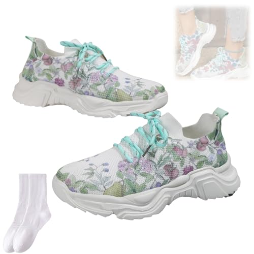 Orthopädische Sneaker mit Blumendruck, Schnürung, atmungsaktiv, orthopädische Sneaker, Netzstoff, rutschfeste dicke Sohle, orthopädische Sneaker für Damen, 403 A, 35 EU von GAGFDA