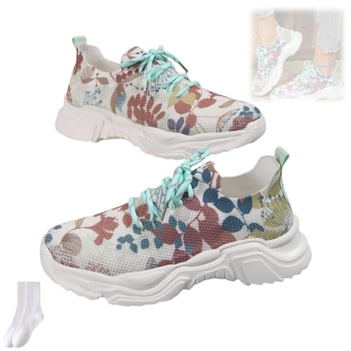 Orthopädische Sneaker mit Blumendruck, Schnürung, atmungsaktiv, orthopädische Sneaker, Netzstoff, rutschfeste dicke Sohle, orthopädische Sneaker für Damen, 405 A, 36 EU von GAGFDA