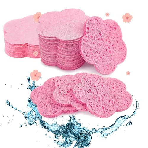 50 Stück Komprimierte Gesichtsschwämme,Weicher Zellulose Gesichtsschwamm,Abschminken Schwamm,Clean Girl Sachen, Form der Pflaumenblüte, für Gesichtsreinigung Make-up Entfernung Porenpeeling (Rot) von GAIALYST