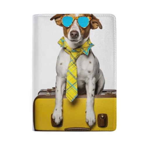 Blau Rot Aquarell Schädel Kopf Reise Dokument Halter Frauen Passport Fall Leder für Frauen, Hund in Sonnenbrille und Krawatte von GAIREG