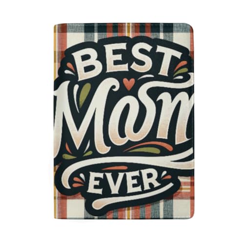 Boho Leder Passhülle Passhalter Passhalter Geldbörse für Frauen, Text Best Mom Ever auf Plaid, Text Best Mom Ever auf Plaid von GAIREG