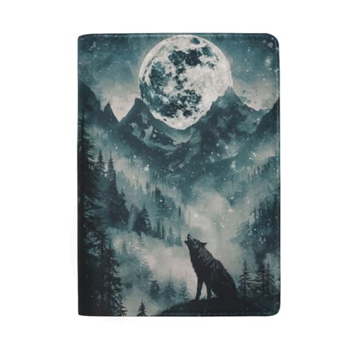 Boho-Reisepasshülle aus Leder für Damen, Wolf Howling at Moon-1 von GAIREG
