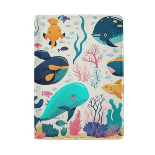 Cartoon Sea Dolphins Damen Leder Reisepasshülle Damen Reisepass Brieftasche, Meeresleben auf Weiß von GAIREG