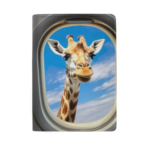 Funny Giraffe Outside Airplane Window Leather Passport and Card Holder Passport Wallet Men, Lustige Giraffe außerhalb Flugzeug Fenster von GAIREG