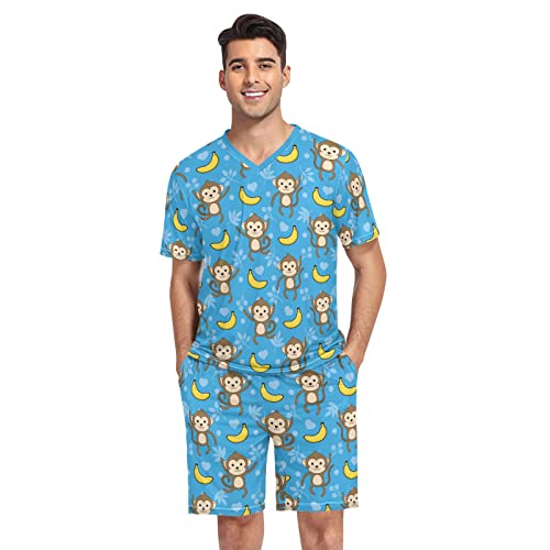 GAIREG Affe Banane Blau Muster Pyjamas Set für Männer Weiche Kurzarm Nachtwäsche Loungewear S-XXL, Affe Banane Blau Muster, XXL von GAIREG