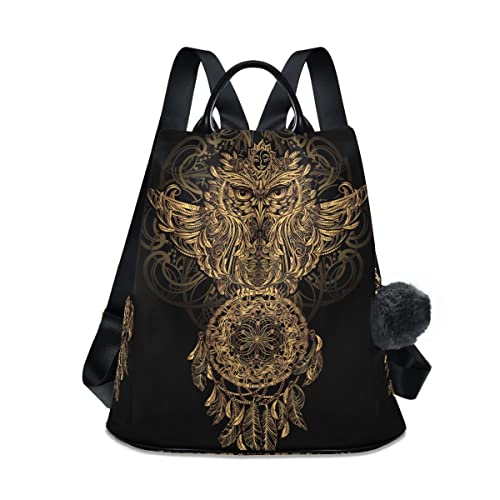 GAIREG Aquarell Leopard Gepard Damen Rucksack Anti-Diebstahl Casual Mode Tasche mit Pompon, Goldene Eule Traumfänger von GAIREG