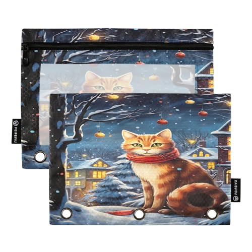 GAIREG Bindertaschen mit 3 Löchern, Motiv: Katze im Winter, Federmäppchen mit Löchern für Ordner, 2 Stück von GAIREG