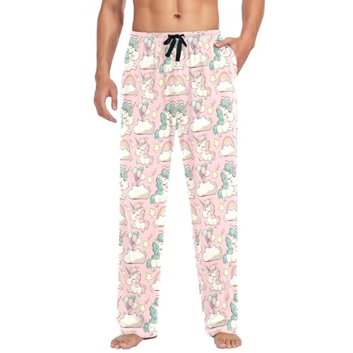 GAIREG Blaue Dinosaurier Palm Camo Herren Pyjamahose Pyjamahose Baumwolle Baumwolle Pyjama Hose mit Taschen S-XXL, Rosa Einhörner Wolken, Small von GAIREG