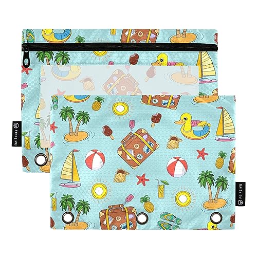 GAIREG Blue Vacation Cartoon Pattern Binder Pouches 2 Pack, Clear Window Pencil Pouch for 3 Ring Binder von GAIREG