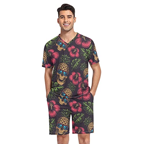 GAIREG Cartoon-Frosch-Pyjama-Set für Herren, weich, kurzärmelig, Nachtwäsche, Loungewear, S-XXL, Hawaiianischer Ananas-Schädel, XX-Large von GAIREG