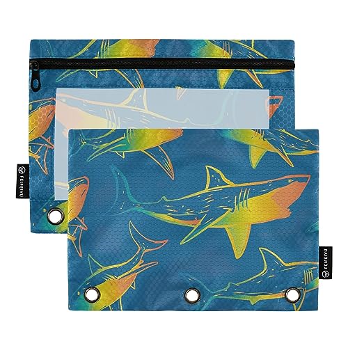 GAIREG Cartoon Haie Bunte Binder Taschen 3 Ring Binder Pouch Federmäppchen mit Löchern für Binder 2 Pack von GAIREG